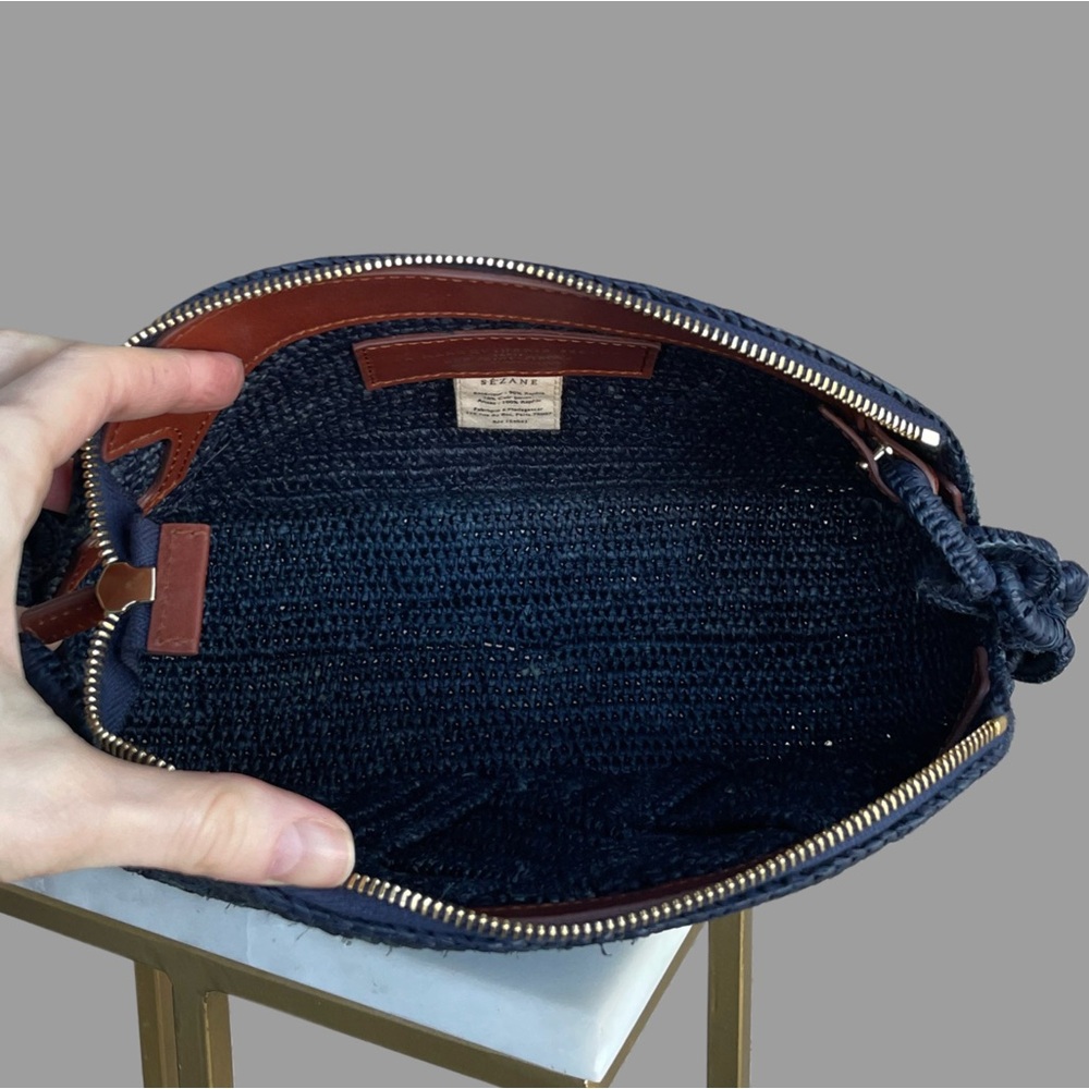 SEZANE Navy Blue Woven Braided Raffia Shoulder Bag Chain Link Strap Isabelle Bag - Picture 12 of 14
